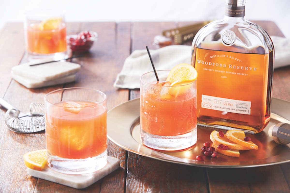 <p>Woodford Reserve</p><p>To make this delicious, bourbon-based porch sipper, simply fill a tall glass with ice, pour in your bourbon, then add your peach iced tea, lemon and honey and stir. Garnish with a peach slice and/or lemon wedge. </p><p>• 1.5 oz <a href="https://www.woodfordreserve.com/" rel="nofollow noopener" target="_blank" data-ylk="slk:Woodford Reserve Bourbon;elm:context_link;itc:0;sec:content-canvas" class="link rapid-noclick-resp">Woodford Reserve Bourbon</a><br> • 6 oz peach iced tea<br> • 3/4 oz lemon juice<br> • 1/2 oz honey</p>