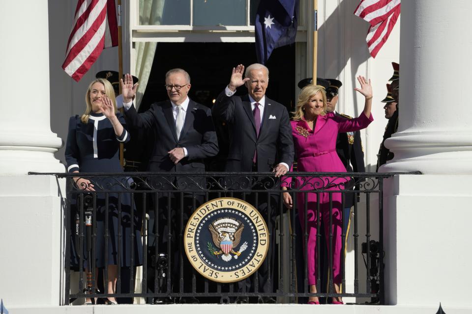 President Joe Biden and first lady Jill Biden join Australia's Prime Minister Anthony Albanese and his partner, Jodie Haydon, on the White House balcony after an official arrival ceremony on the South Lawn.