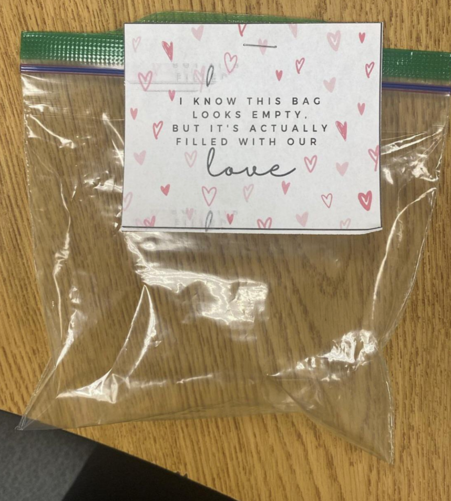 "I know this bag looks empty, but it's actually filled with our love"