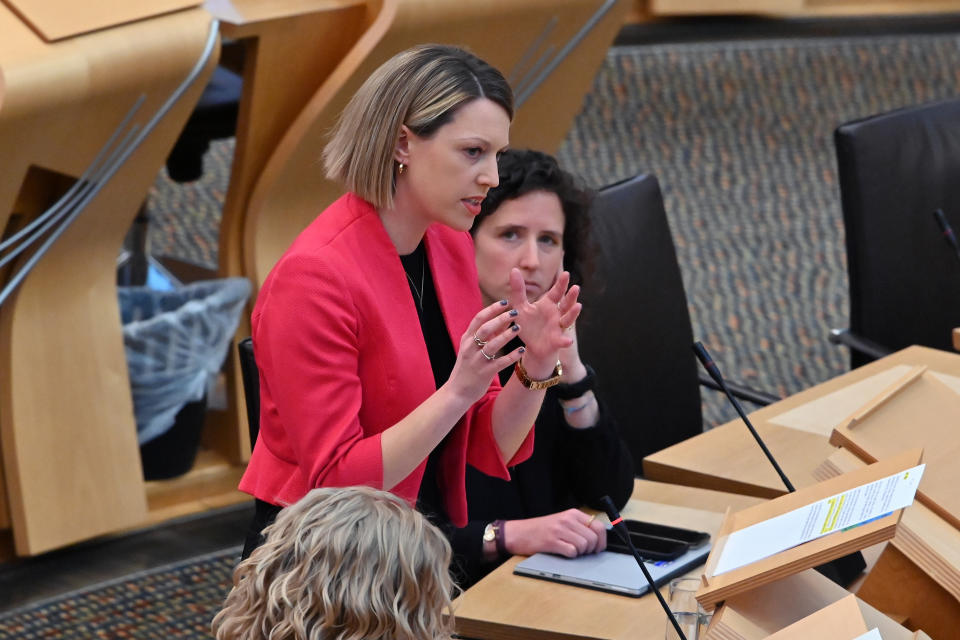 EDINBURGH, SCOTLAND - MARCH 7: Transport Minister Jenny Gilruth speaking during Topical Questions in the Scottish Parliament where she faced questions on air and ferry services to Scottish islands, on March 7, 2023 in Edinburgh, Scotland. (Photo by Ken Jack/Getty Images)