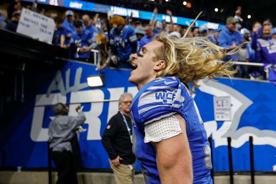 Detroit Lions linebacker Alex Anzalone (34) celebrates 31-23 win over Tampa Bay Buccaneers at the NFC divisional round at Ford Field in Detroit on Sunday, Jan. 21, 2024.