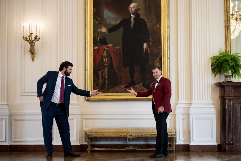 WASHINGTON, DC - MAY 9: Mitch Moreland #18 and Brock Holt #12 of the Boston Red Sox pose for a photograph as they take a tour during a visit to the White House in recognition of the 2018 World Series championship on May 9, 2019 in Washington, DC. (Photo by Billie Weiss/Boston Red Sox/Getty Images)