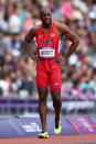 Lashawn Merritt of the United States pulls out with a hamstring injury in the Men's 400m Round 1 Heats on Day 8 of the London 2012 Olympic Games at Olympic Stadium on August 4, 2012 in London, England. (Photo by Michael Steele/Getty Images)