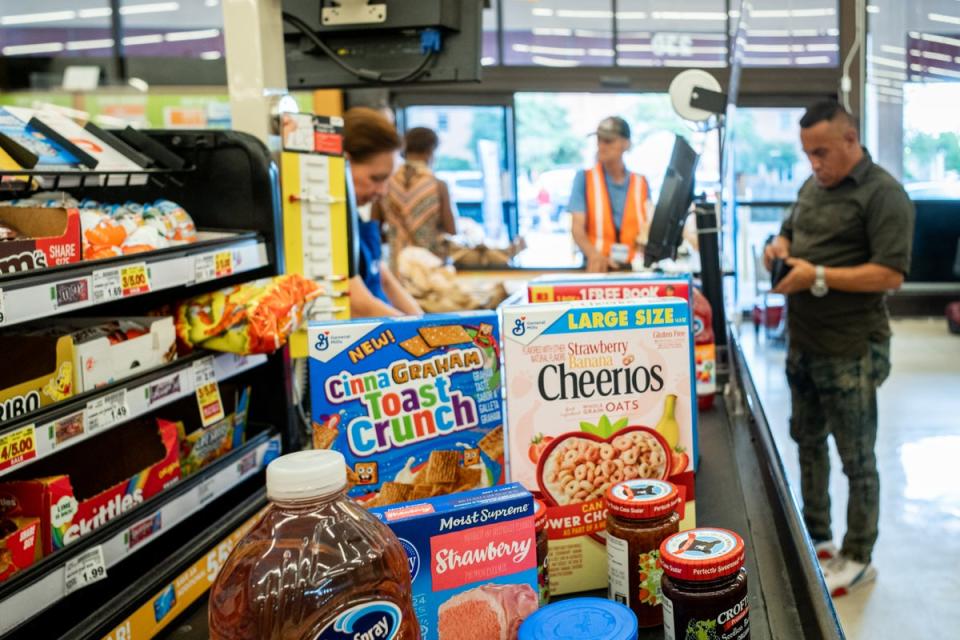 Name-brand cereals pictured at an Kroger checkout. Name brand general merchandise sales fell over the last year while store brand sales rose by roughly 5 percent (Getty Images)