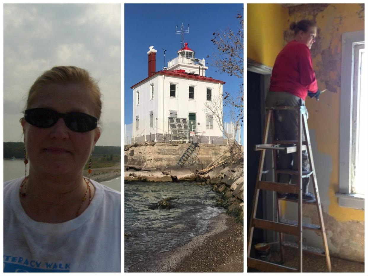 (L) Sheila Consaul, (C) Fairport Harbour West Lighthouse, (R) Consaul during the renovation project.