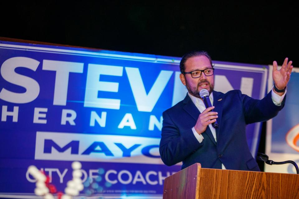 Coachella Mayor Steven Hernandez speaks at an election night gathering in Coachella, Calif., on Tuesday, Nov. 8, 2022.