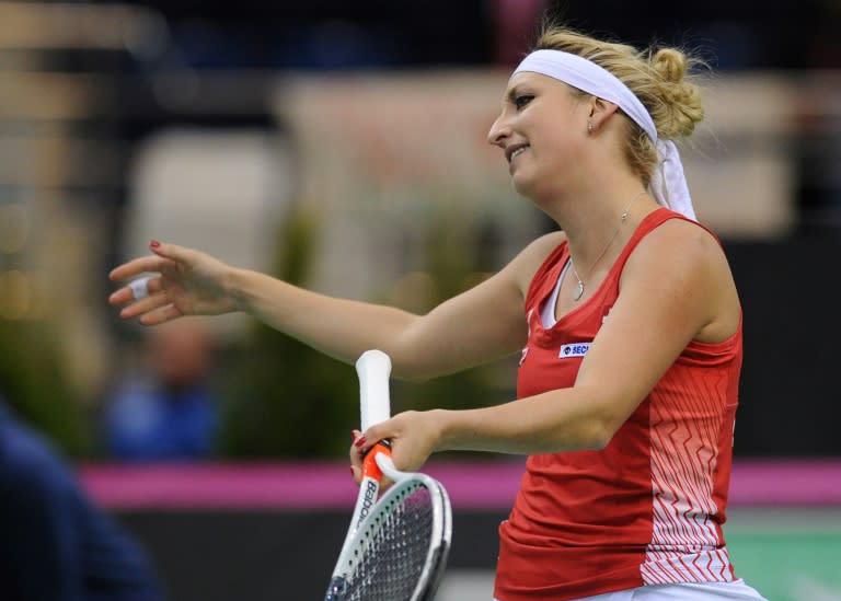 Switzerland's Timea Bacsinszky reacts during her match against Belarus' Aryna Sabalenka during the semi-finals of the Fed Cup tennis competition between Belarus and Switzerland in Minsk on April 22, 2017