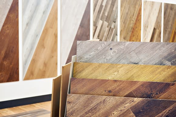 Inventory of different colored hardwood flooring.