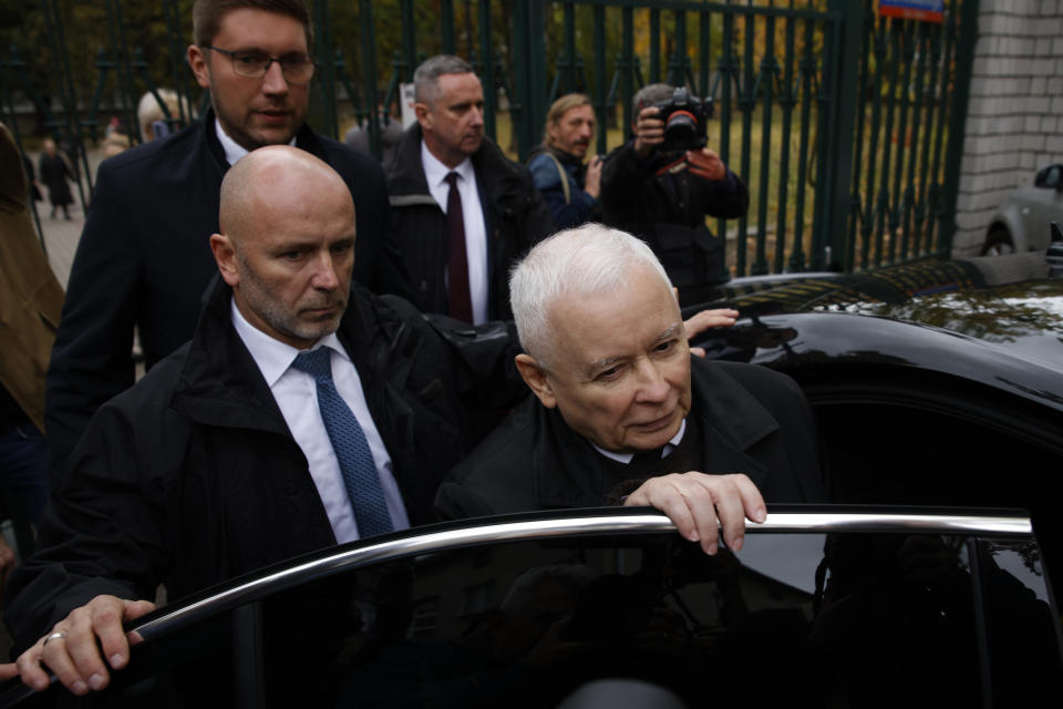 FILE - Poland's conservative ruling Law and Justice party leader Jaroslaw Kaczynski gets in a car after voting during parliamentary elections in Warsaw, Poland, Sunday, Oct. 15, 2023. Poland's voters delivered a clear verdict. After eight years of rule by an illiberal government, they have had enough. While the conservative ruling Law and Justice party won more votes than any other single party, it lost its majority in parliament and will not hold enough seats to govern the country. (AP Photo/Michal Dyjuk, File)