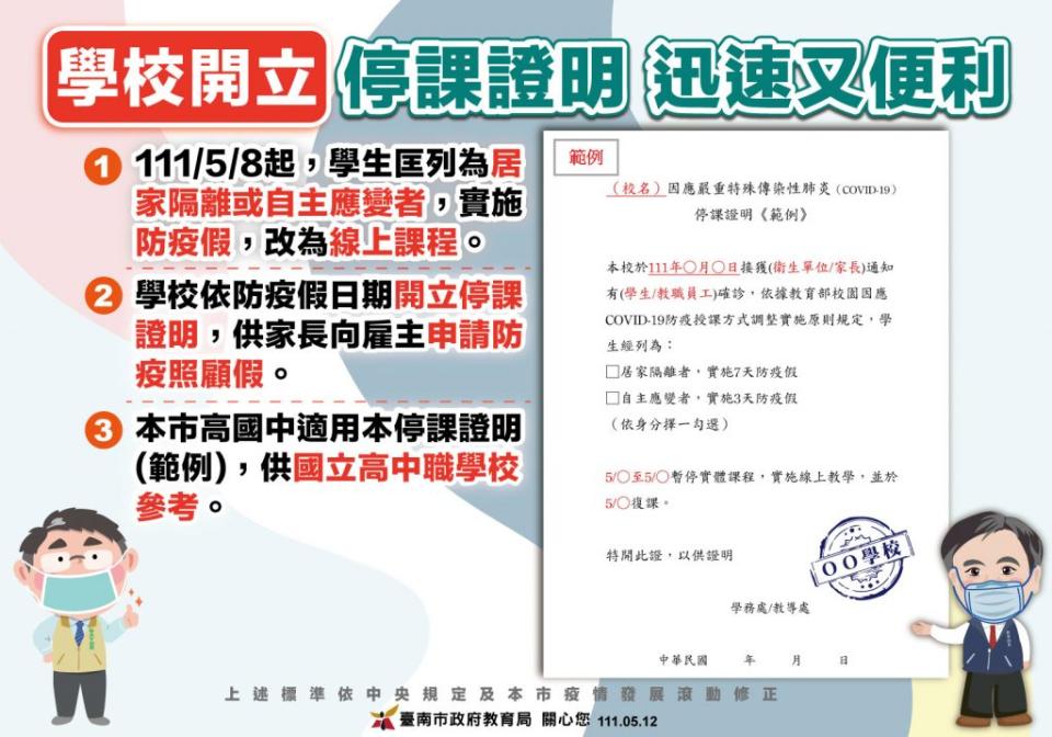 台南市教育局提供公版停課證明書範本給各學校。（教育局提供）