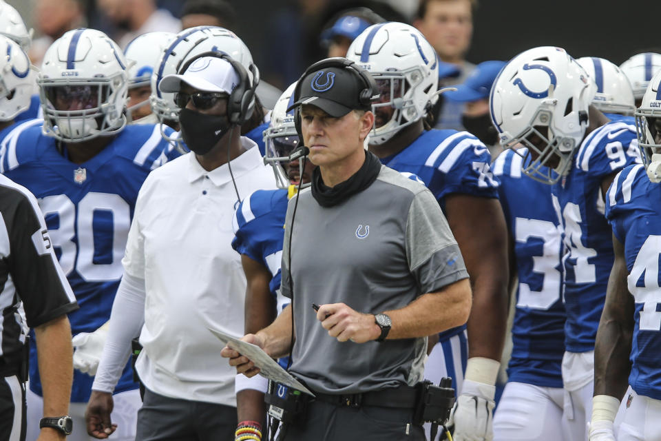 FILE - Indianapolis Colts defensive coordinator Matt Eberflus is shown during the first half of an NFL football game against the Jacksonville Jaguars, Sunday, Sept. 13, 2020, in Jacksonville, Fla. Matt Eberflus is the new coach of the Chicago Bears, a person with direct knowledge of the situation told The Associated Press, tasked with turning around a franchise mired in mediocrity for much of the past decade. The person confirmed the move to the AP on condition of anonymity Thursday, Jan. 27, 2022, because there had been no announcement by the Bears.(AP Photo/Gary McCullough, File)