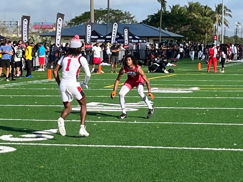 DJ Pickett (red) playing defensive back at the Battle Miami 7-on-7 tournament on Jan. 28 at Mill's Pond Park in Fort Lauderdale.