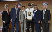 June 23, 2017; Chicago, IL, USA; Cody Glass poses for photos after being selected as the number six overall pick to the Vegas Golden Knights in the first round of the 2017 NHL Draft at the United Center. Mandatory Credit: David Banks-USA TODAY Sports