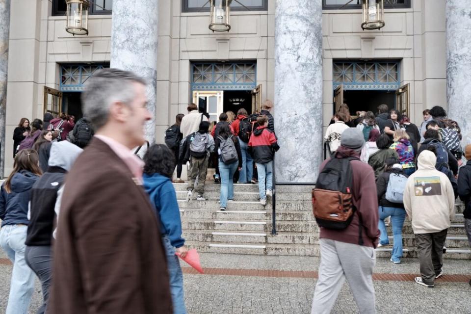 High school students crowd into the Capitol while protesting Gov. Mike Dunleavy's education funding veto — and lawmakers' failure to overturn it — on April 4, 2024. (Photo by Claire Stremple/Alaska Beacon)