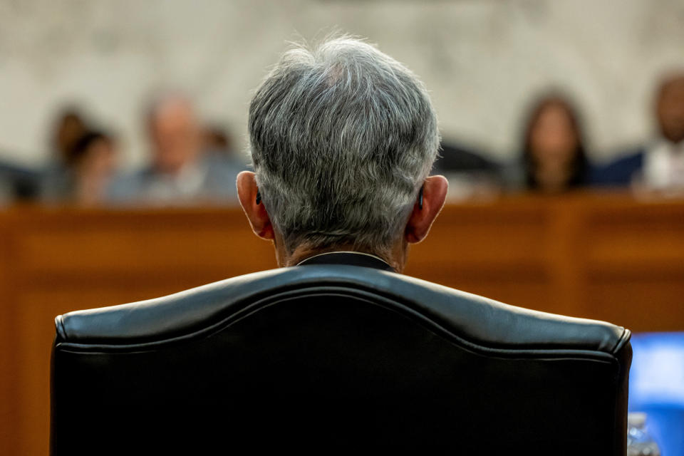U.S. Federal Reserve Chair Jerome Powell testifies before a Senate Banking, Housing and Urban Affairs Committee hearing on 