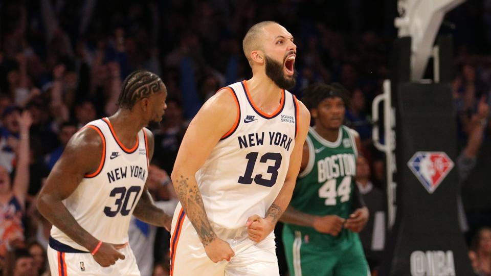New York Knicks guard Evan Fournier (13) reacts after hitting a three point shot against the Boston Celtics during the second overtime at Madison Square Garden.