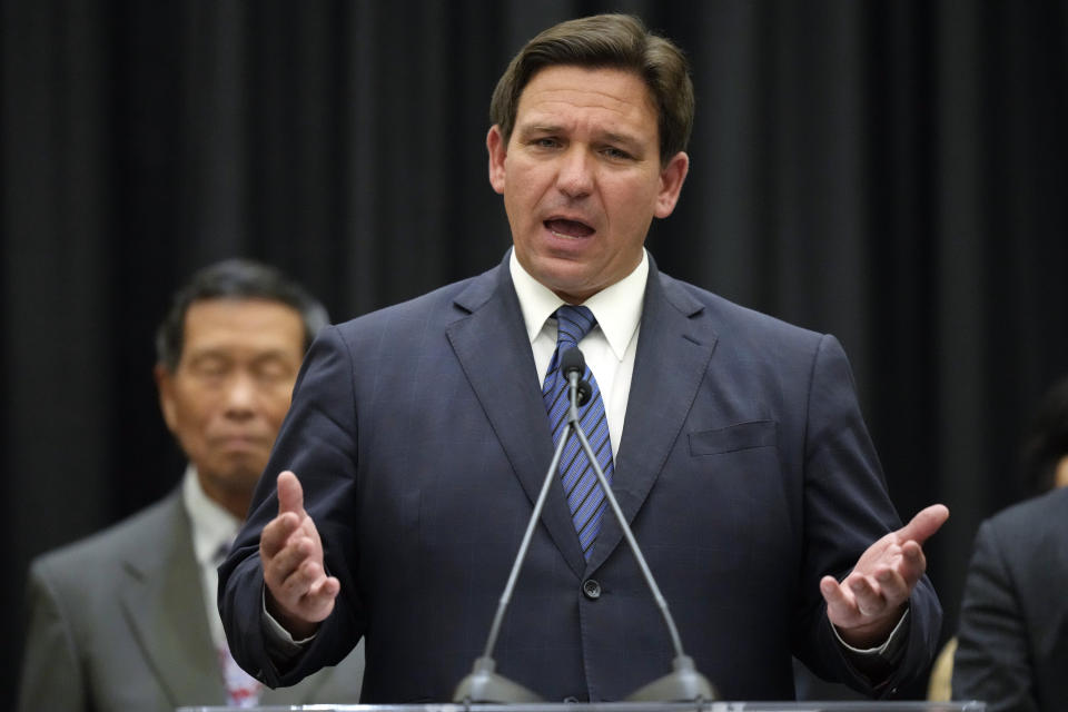 FILE - Florida Gov. Ron DeSantis speaks during a press conference, Thursday, Sept. 22, 2022, in Miami. On Friday, Sept. 23, The Associated Press reported on stories circulating online incorrectly claiming that Florida ranks 9th in the U.S. for teacher pay. (AP Photo/Rebecca Blackwell, File)