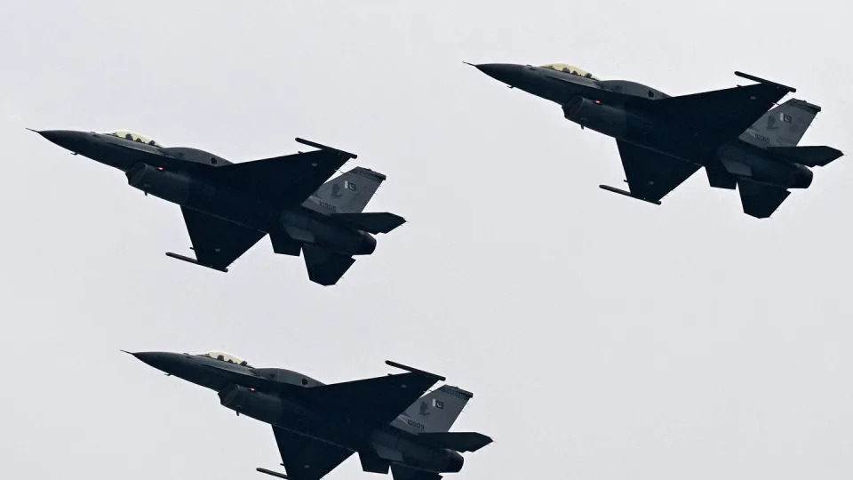 Pakistan Air Force JF-17 fighter jets perform at a rehearsal ahead of Pakistan's parade in Islamabad on March 21, 2024. (Aamir Qureshi/AFP via Getty Images)