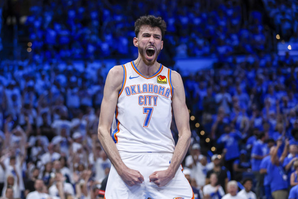 Oklahoma City Thunder forward Chet Holmgren reacts during the second half of Game 1 of an NBA basketball second-round playoff series against the Dallas Mavericks, Tuesday, May 7, 2024, in Oklahoma City. The Thunder won 117-95. (AP Photo/Nate Billings)