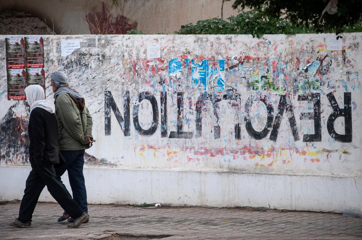 <p>A revolution turned upside down. Graffiti in Sidi Bouzid, central Tunisia</p> (AP)