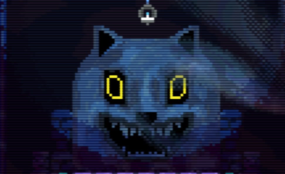  Cheshire Cat face glaring at camera in Animal Well. 