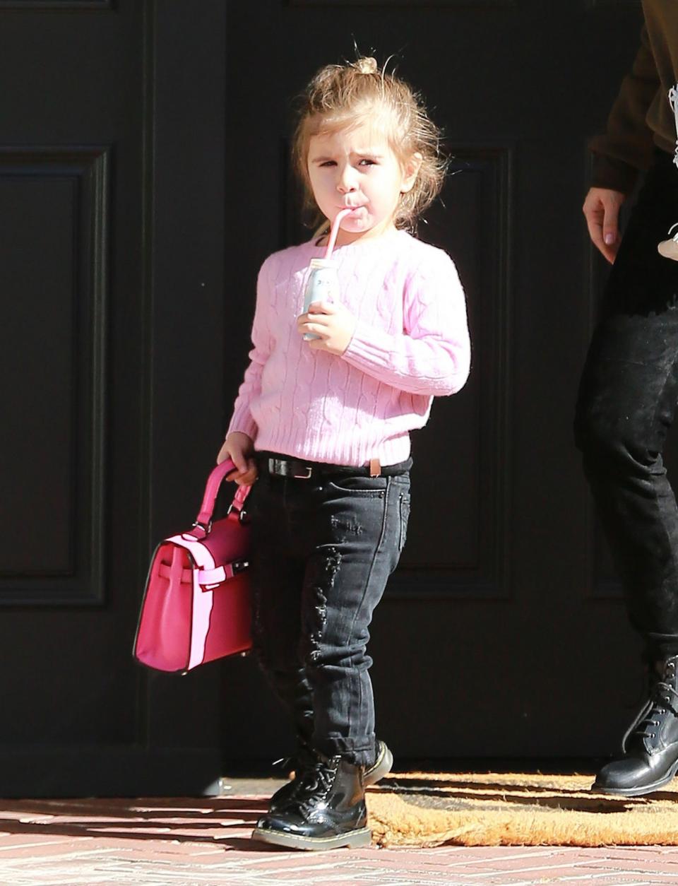 <p>The daughter of Kourtney Kardashian and Scott Disick has been seen flaunting a £6,500 Hermes Baby Birkin Bag a number of times. Jel? So are we. [Photo: Fame Flynet] </p>