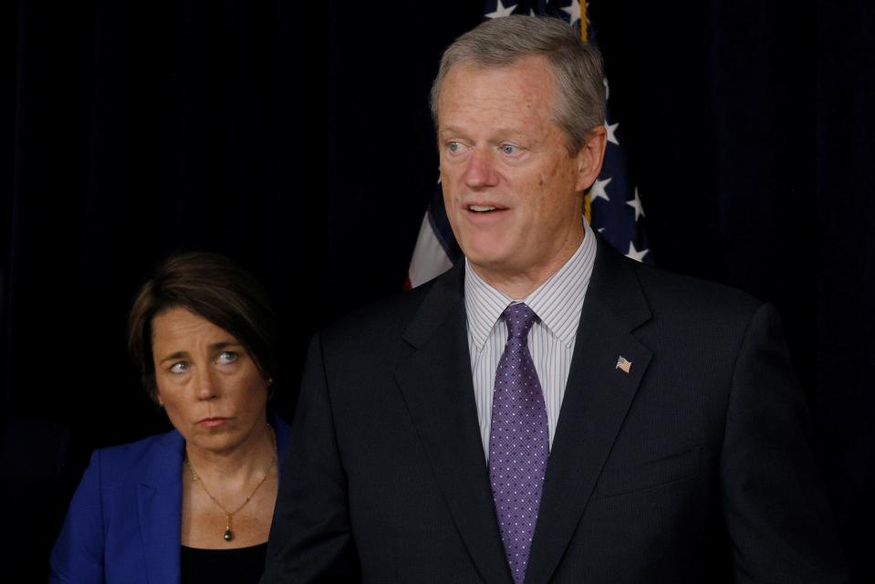 Massachusetts Governor Charlie Baker and Massachusetts Attorney General Maura Healey hold a news conference to announce that fifteen more states reached an agreement with Purdue Pharma LP, and members of its wealthy Sackler family owners, that moved the OxyContin maker a step closer to resolving widespread opioid litigation and exiting bankruptcy protection, in Boston, Massachusetts on July 8, 2021.