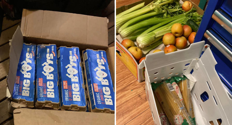 Left, a box full of cartons of eggs can be seen. Right, a box full of celery and apples sits beside a box full of spaghetti. 