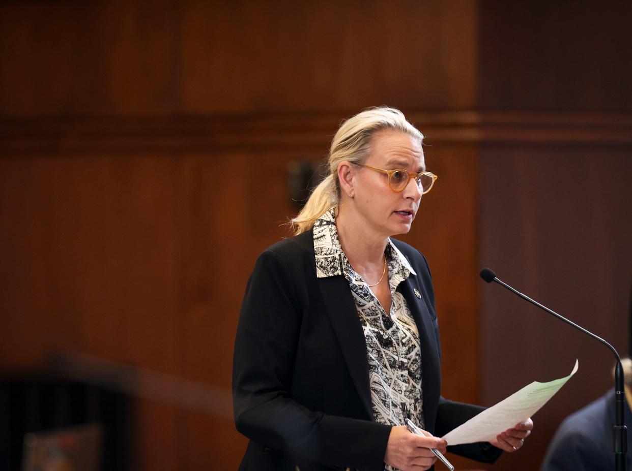 Senate Majority Leader Kate Lieber, D-Portland, speaks on Wednesday at the Oregon State Capitol about Senate Bill 1553, which would make the use of drugs on public transportation a Class A misdemeanor.