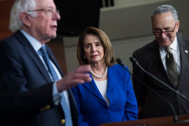Sen. Bernie Sanders (I-Vt.) speaks about drug prices at a 2018 press conference, while House Democratic leader Nancy Pelosi (Calif.) and Senate Democratic leader Chuck Schumer (N.Y.) look on. It would be nearly three years before Democrats got control of Congress, but the work they did back while they were still in the minority laid the groundwork for the legislation they just passed. (Photo: Tom Williams via Getty Images)
