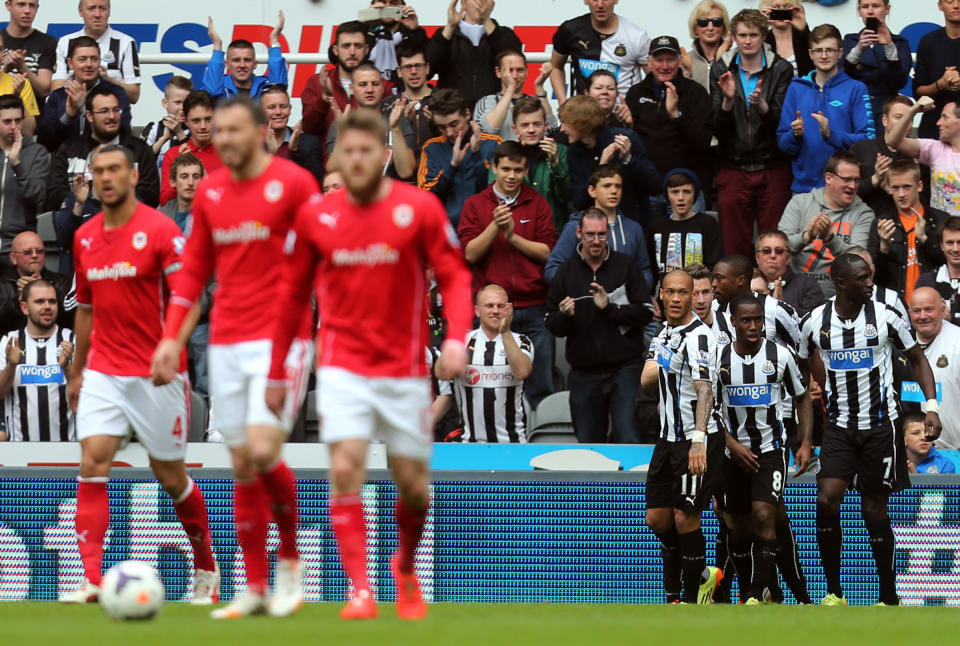 Newcastle United's Shola Ameobi, center, celebrates his goal with his teammates during their English Premier League soccer match against Cardiff City at St James' Park, Newcastle, England, Saturday, May 3, 2014. (AP Photo/Scott Heppell)