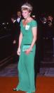 <p>Diana wore emerald green Catherine Walker dress to a state banquet at the Dorchester Hotel in 1993.</p>