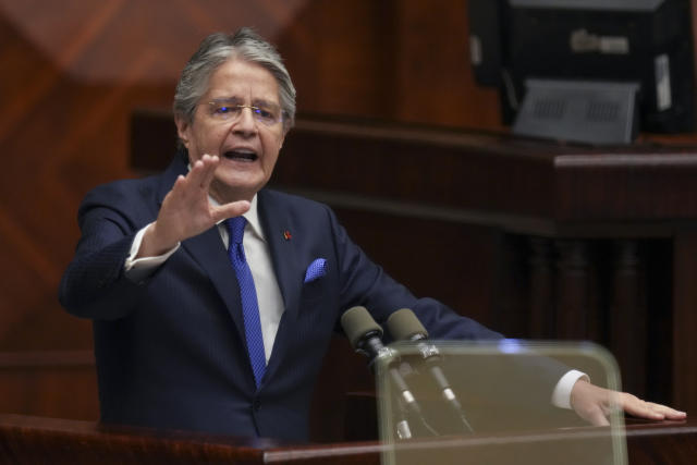 Ecuadorean President Guillermo Lasso speaks during a session by National Assembly where opposition lawmakers seek to try him for embezzlement accusations in Quito, Ecuador, Tuesday, May 16, 2023. (AP Photo/Dolores Ochoa)