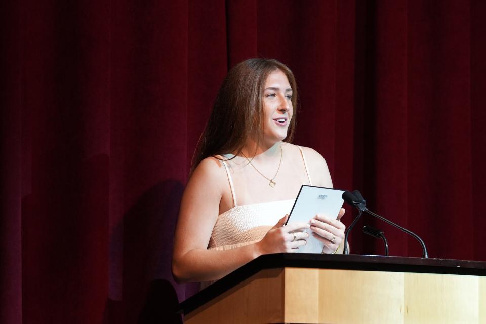 Alex Barry of Immaculate Heart accepts the award for Girls Soccer Player of the Year during the North Jersey Sports Awards at Passaic County Technical Institute in Wayne on Wednesday, June 28, 2023. 