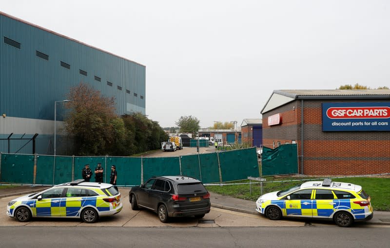 The scene where bodies were discovered in a lorry container, in Grays, Essex