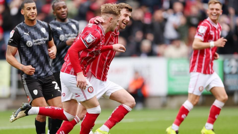 Bristol City players celebrate their second goal against Rotherham at Ashton Gate