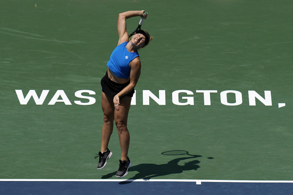 Daria Saville, of Australia, serves during a match against Jessica Pegula, of the United States, at the Citi Open tennis tournament in Washington, Wednesday, Aug. 3, 2022. (AP Photo/Carolyn Kaster)