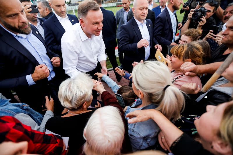 Polish President Andrzej Duda meets local residents in Odrzywol