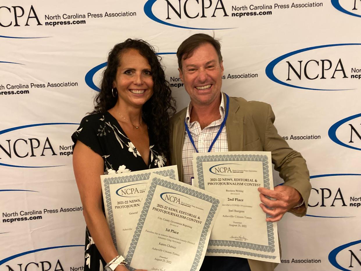 Citizen Times Investigations Editor Karen Chávez and Investigative Reporter Joel Burgess were honored Aug. 25 for outstanding journalism at the N.C. Press Association Convention and Awards Banquet in Raleigh.