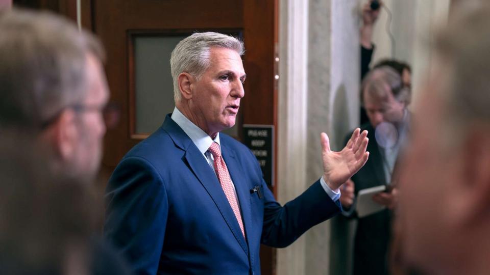 PHOTO: Speaker of the House Kevin McCarthy talks to reporters outside his office about calls for an impeachment inquiry of President Joe Biden, at the Capitol in Washington, July 25, 2023. (J. Scott Applewhite/AP)