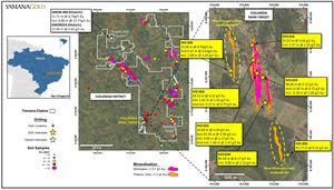 Ivolandia project, Ivolandia Main target 2020 drilling highlights, property wide gold grain stream sediment counts and select historic exploratory drilling. Drilling results reported as Au (g/t) over core lengths.