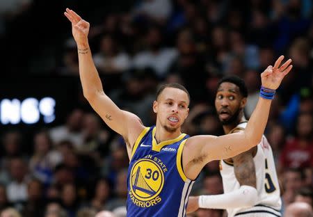 Jan 15, 2019; Denver, CO, USA; Golden State Warriors guard Stephen Curry (30) motions after a play in the third quarter against the Denver Nuggets at the Pepsi Center. Mandatory Credit: Isaiah J. Downing-USA TODAY Sports