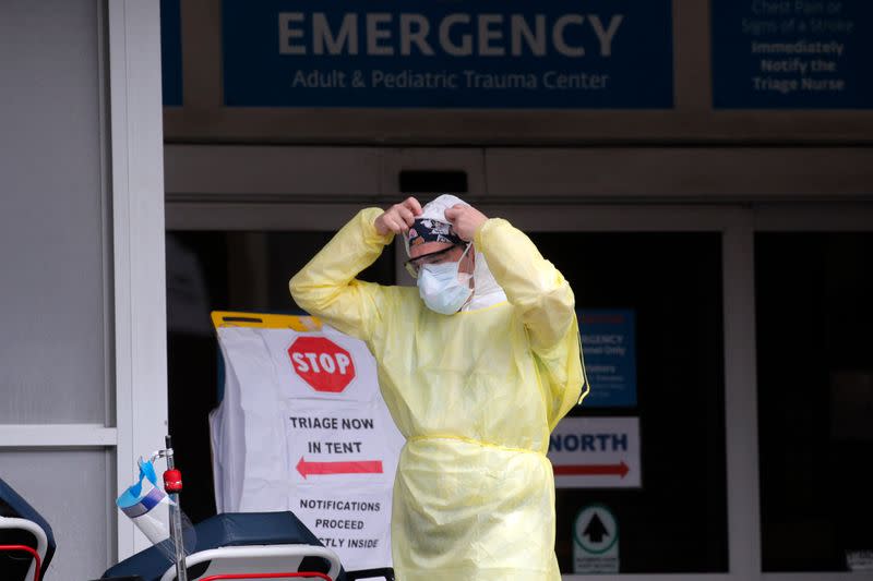 Healthcare worker outside Maimonides Medical Center during outbreak of coronavirus disease (COVID-19) in Brooklyn New York