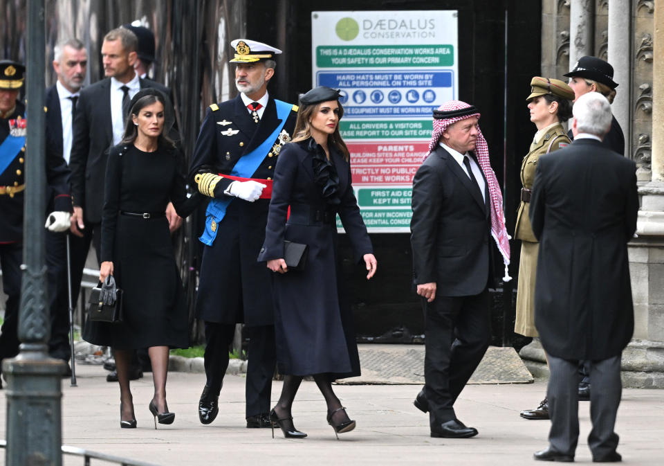 LONDON, ENGLAND - SEPTEMBER 19:  (L-R) Queen Letizia of Spain, Felipe VI of Spain, Queen Rania of Jordan and Abdullah II of Jordan arrive for the State Funeral of Queen Elizabeth II at Westminster Abbey on September 19, 2022 in London, England.  Elizabeth Alexandra Mary Windsor was born in Bruton Street, Mayfair, London on 21 April 1926. She married Prince Philip in 1947 and ascended the throne of the United Kingdom and Commonwealth on 6 February 1952 after the death of her Father, King George VI. Queen Elizabeth II died at Balmoral Castle in Scotland on September 8, 2022, and is succeeded by her eldest son, King Charles III. (Photo by Samir Hussein/WireImage)