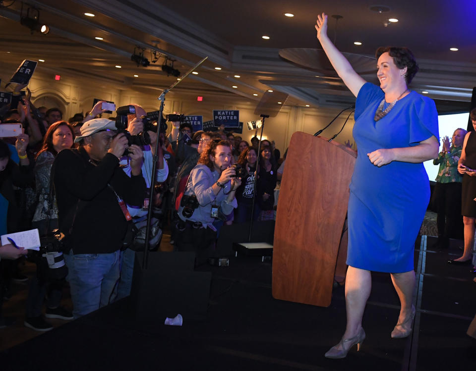 Katie Porter, the Democratic candidate for the 45th Congressional District, waves to supporters after speaking on election night in Irvine on Tuesday, Nov. 6, 2018. (Photo: Digital First Media/Orange County Register via Getty Images via Getty Images)