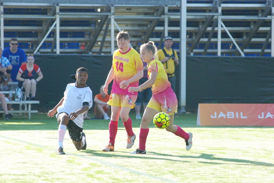 The Holland Christian Unified Soccer team in action during the Special Olympics in Orlando, Florida in June 2022.