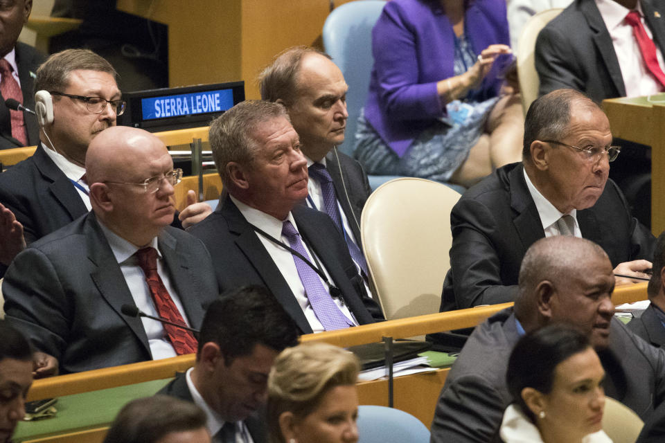 <p>Russian Foreign Minister Sergey Lavrov, right, and Russia Ambassador to the United Nations Vassily Nebenzia, right, listen as President Trump speaks during the 72nd session of the United Nations General Assembly at U.N. headquarters, Tuesday, Sept. 19, 2017. (Photo: Mary Altaffer/AP) </p>