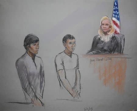Defendants Dias Kadyrbayev (L) and Azamat Tazhayakov are pictured in a courtroom sketch, appearing in front of Federal Magistrate Marianne Bowler at the John Joseph Moakley United States Federal Courthouse in Boston, Massachusetts May 1, 2013. REUTERS/Jane Flavell Collins