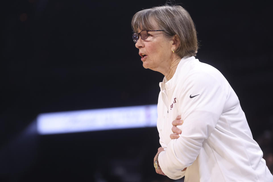 Stanford head coach Tara VanDerveer talks to her team during the first half of an NCAA college basketball game against UCLA in the semifinals of the Pac-12 women's tournament Friday, March 3, 2023, in Las Vegas. (AP Photo/Chase Stevens)