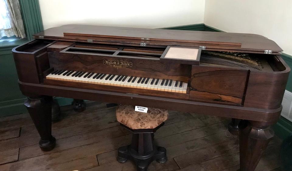 The Meeker Homestead Museum's antiques include this "square grand" or pianoforte piano, with 75 keys. Former New Albany Mayor Nancy Ferguson, who donated the piano to the historical society, said its manufacturer, Hallett and Allen of Boston, only made pianos from 1847 to 1850. The piano's case is rosewood, and its keys are ivory. Meeker house curator Benny Shoults said such pianos were popular in the 1800s because of their small size.  